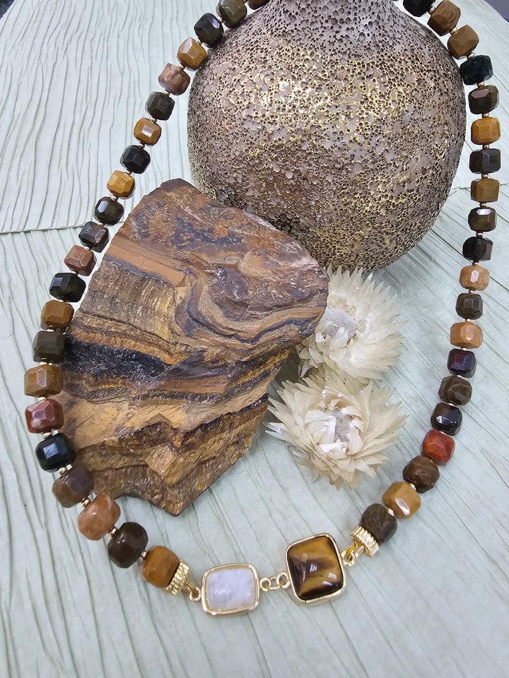 Cube Shaped Tiger Eye With Moonstone Necklace NN029