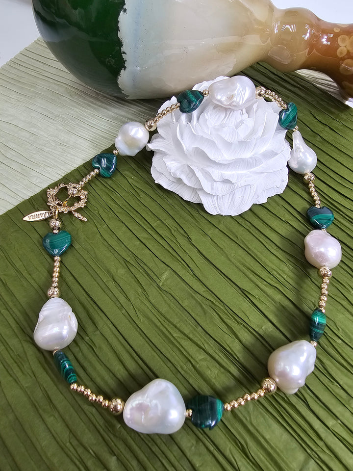 Baroque Pearls With Heart Shaped Malachite Necklace NN032