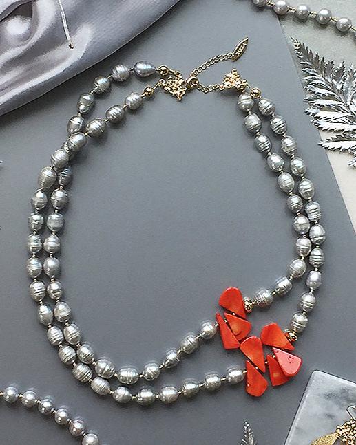 Wholesale double layers gray pearls with teardrop coral necklace MN061 - FARRA