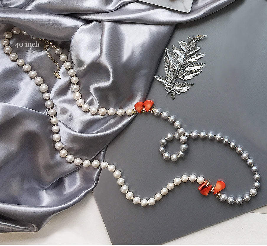 Wholesale white and gray pearls with teardrop coral long necklace MN060 - FARRA