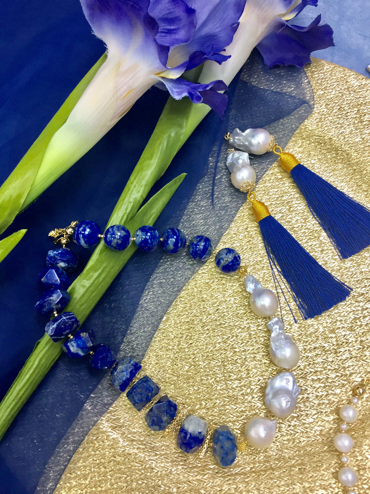 Baroque Pearls With Lapis Stunning Necklace CN001 - FARRA