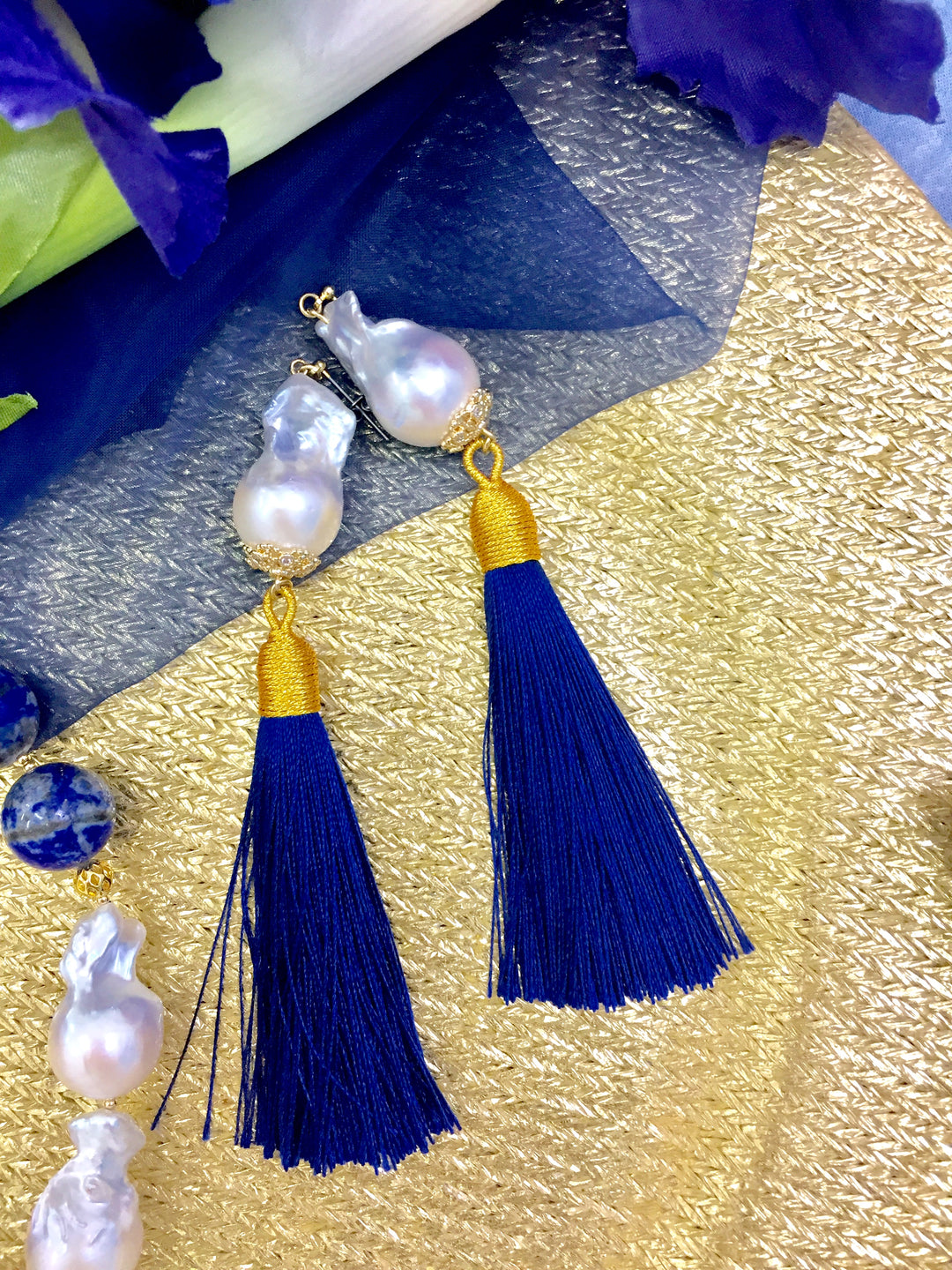 Baroque Pearls With Deep Blue Tassel Earrings CE001 - FARRA