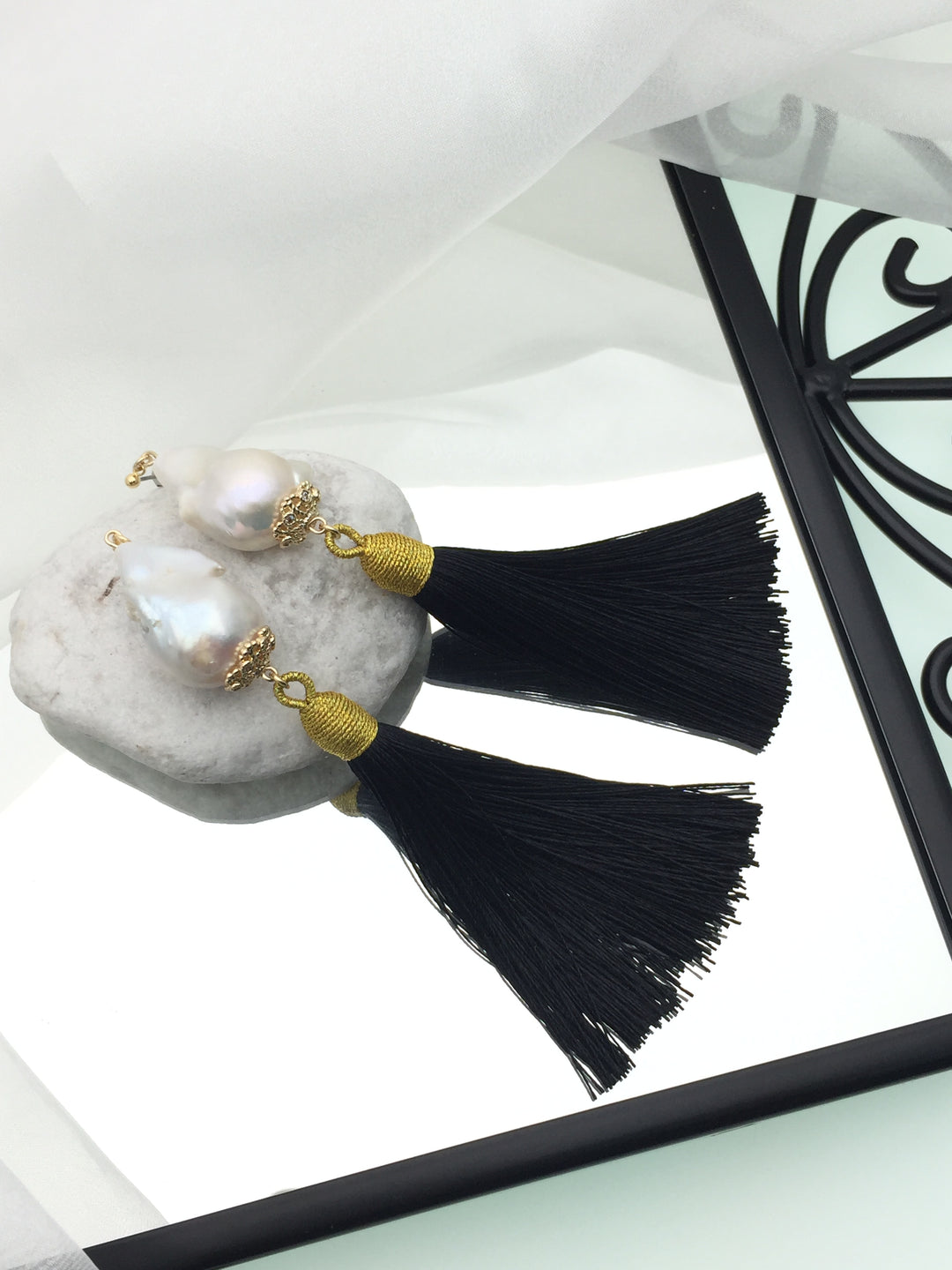 Baroque Pearl With Black Tassel Earrings CE041 - FARRA