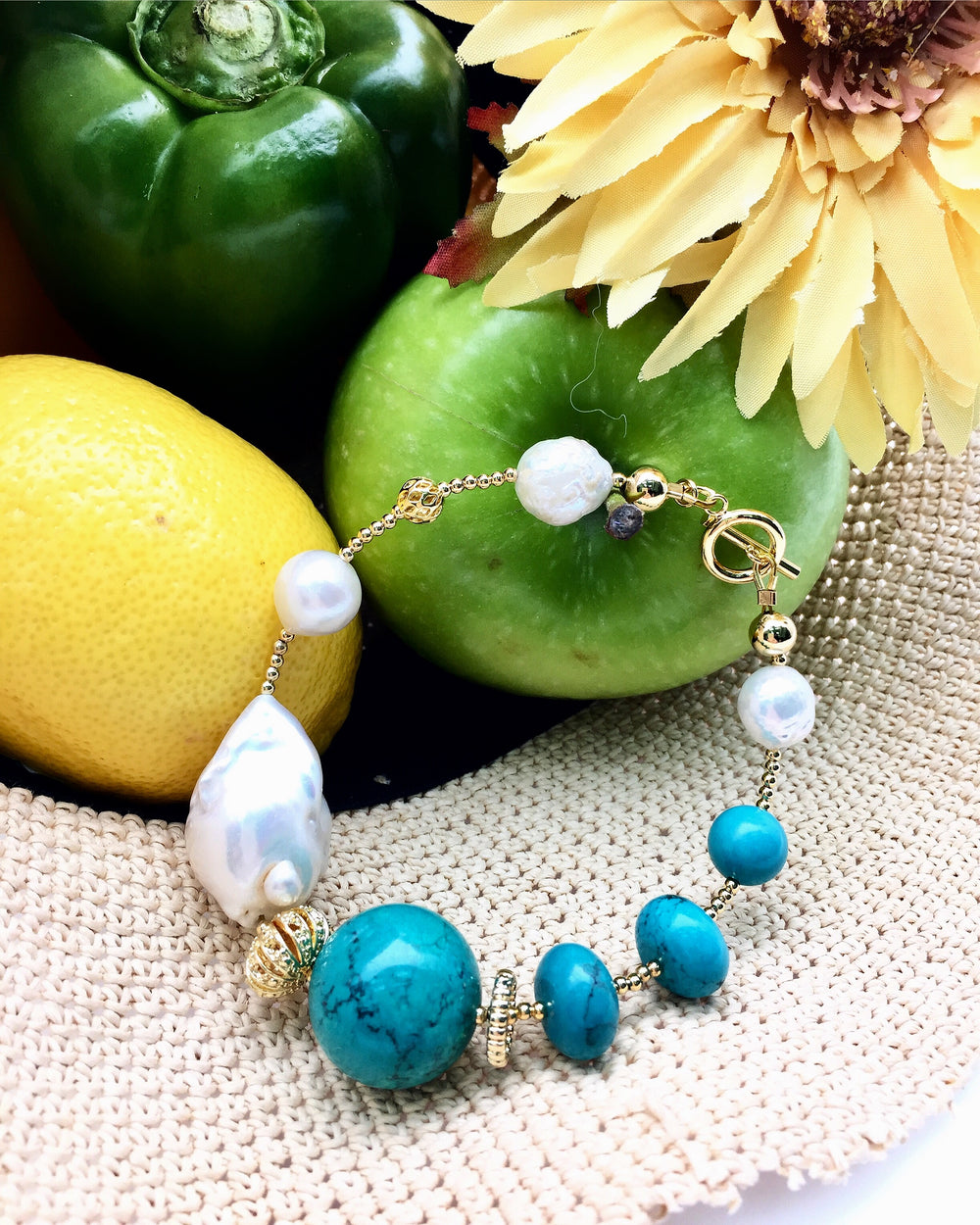 Freshwater & Turquoise With Baroque Pearls Bracelet CB006 - FARRA