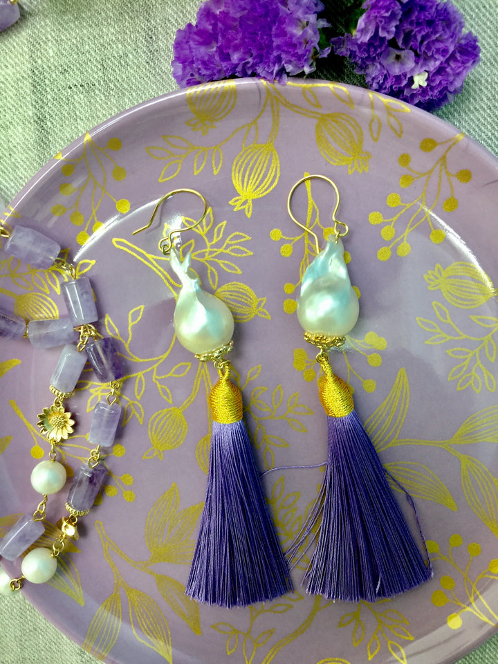 Baroque Pearls Purple Tassel Earrings CE015 - FARRA