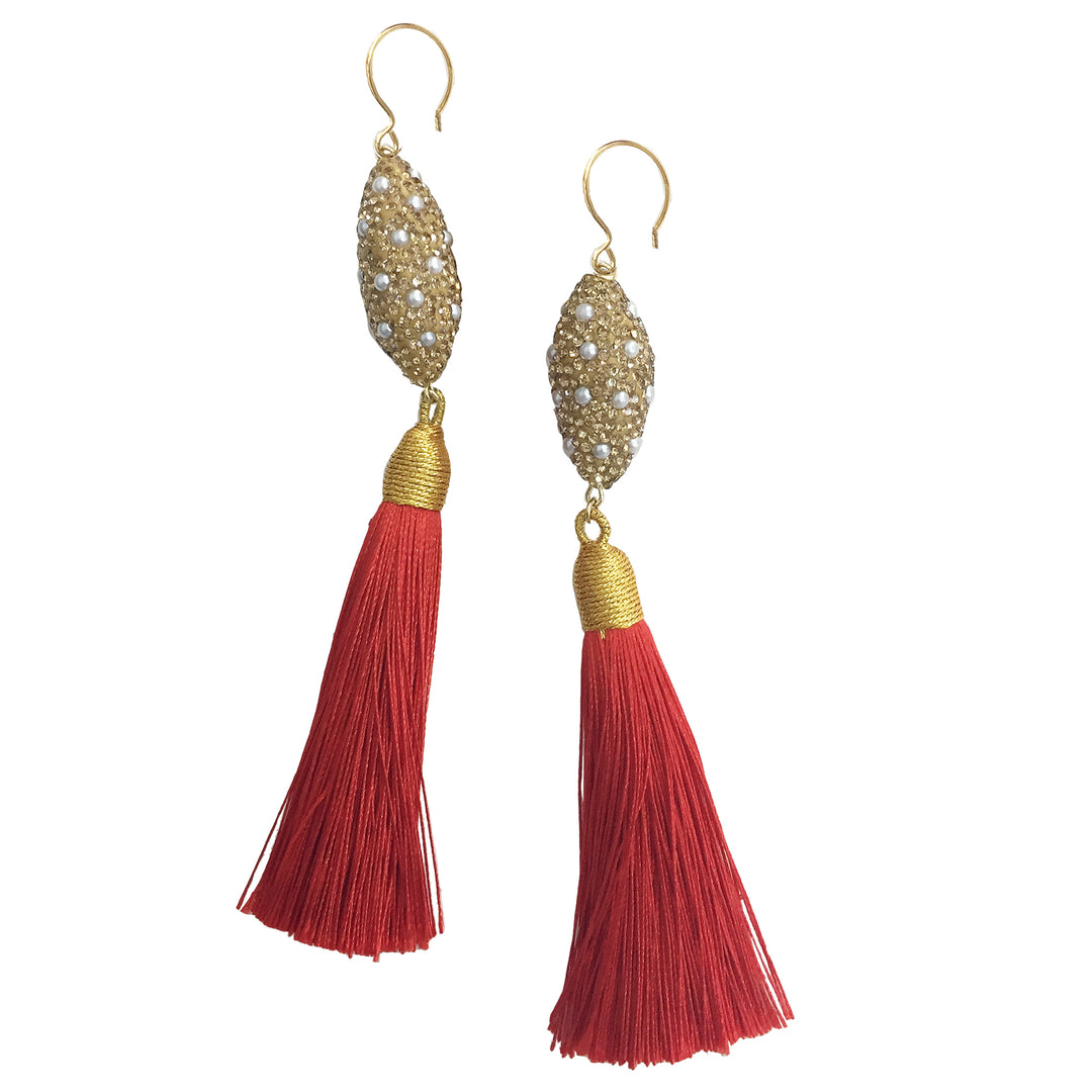 Rhinestones Bordered Freshwater Pearls Red Tassel Earrings CE010 - FARRA