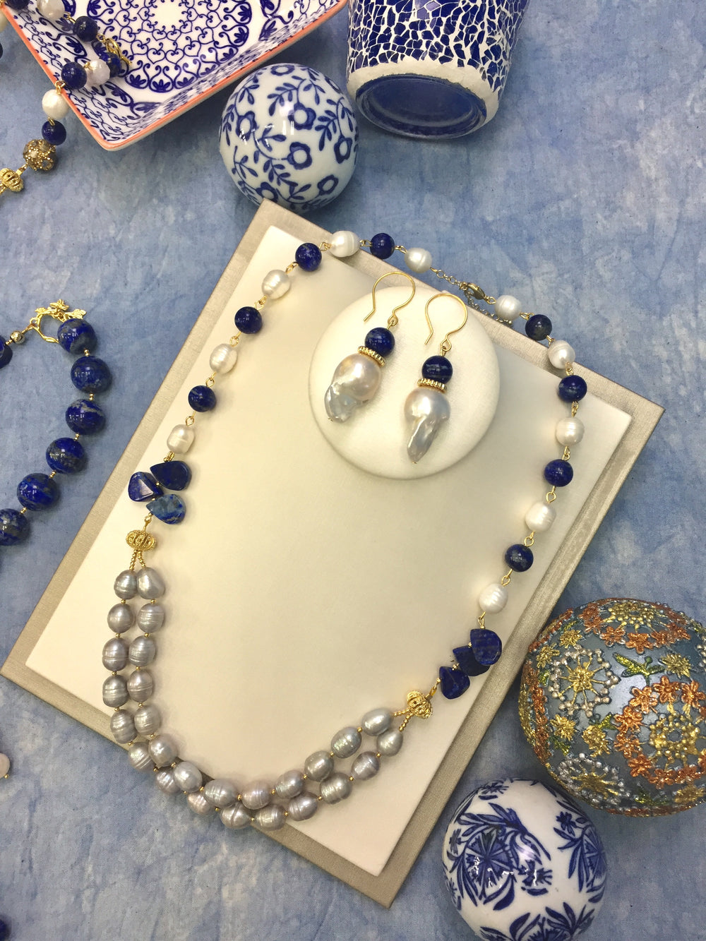 Freshwater Pearls & Lapis Double Strands Necklce CN005 - FARRA