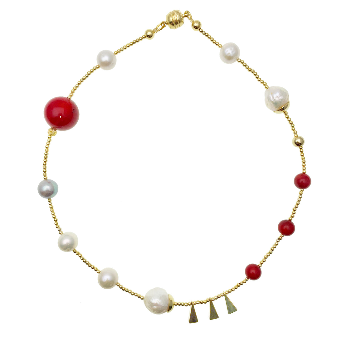 Freshwater Pearls With Red Coral Double Wrapped Bracelet AB005 - FARRA