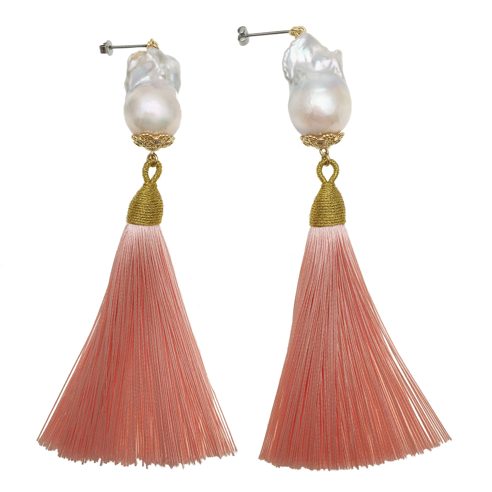 Baroque Pearl Pink Tassel Earrings DE214 - FARRA