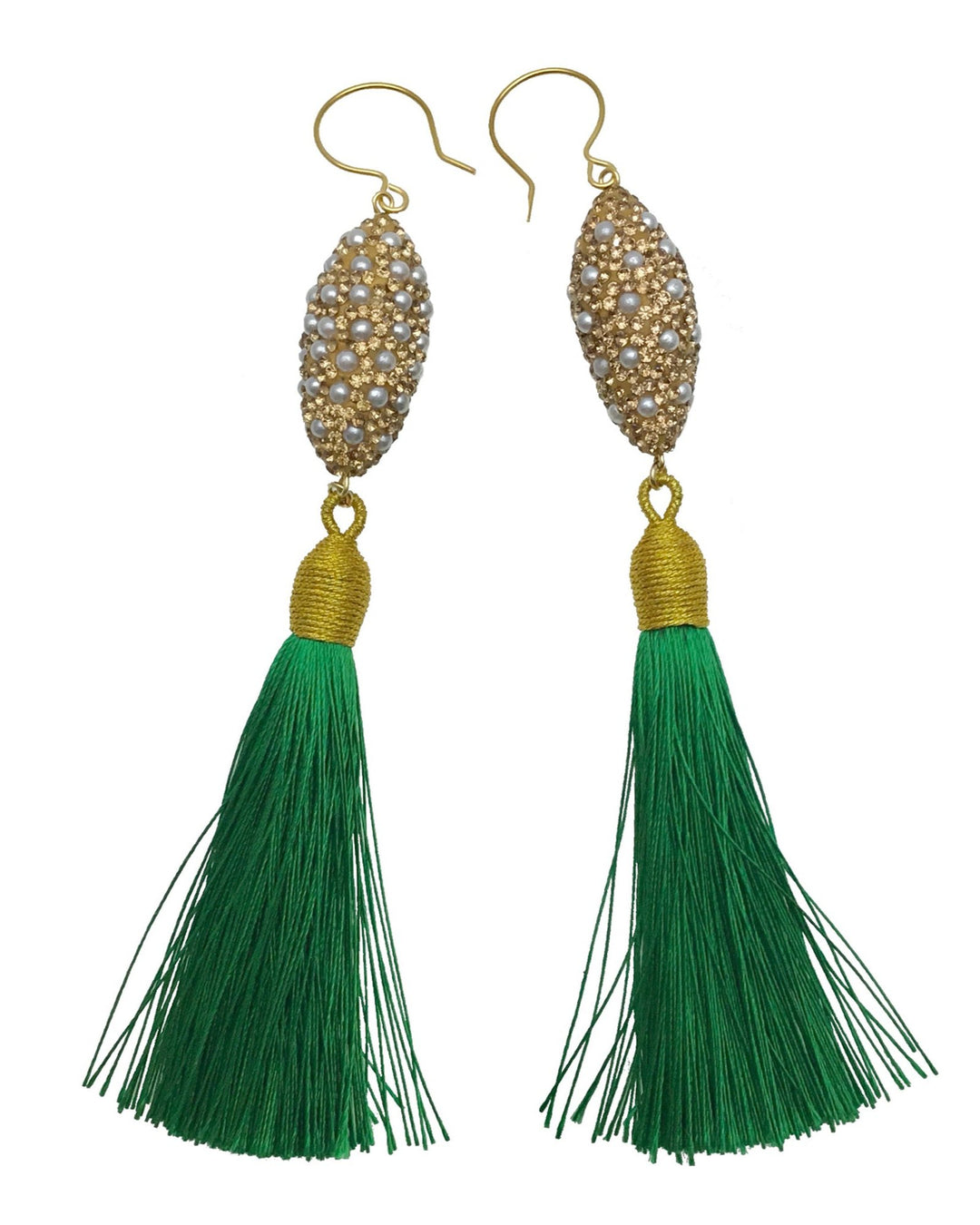 Wholesale Rhinestones Bordered Pearls Green Tassel Earrings CE037 - FARRA