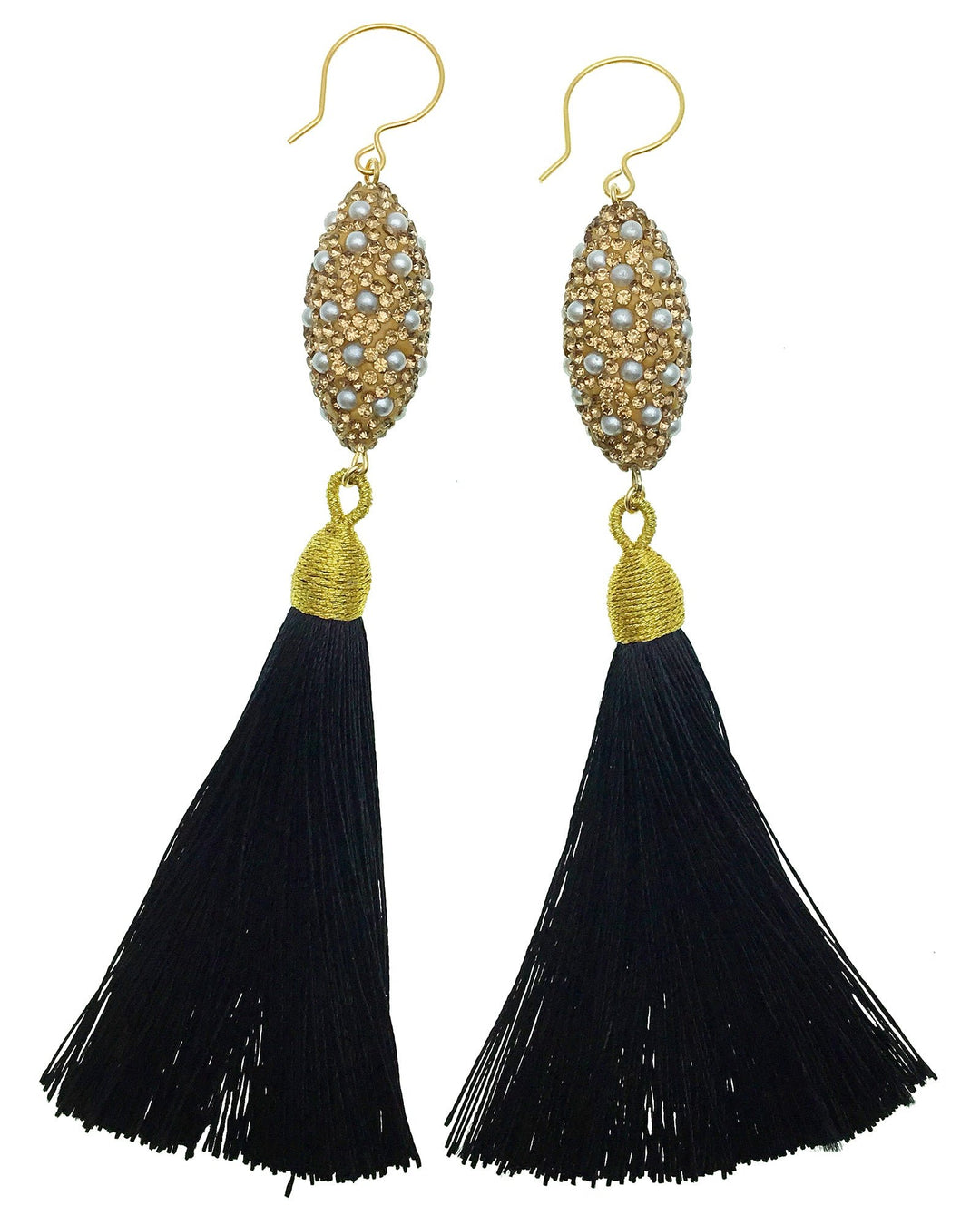 Wholesale Rhinestones Bordered Pearl Black Tassel Earrings CE039 - FARRA