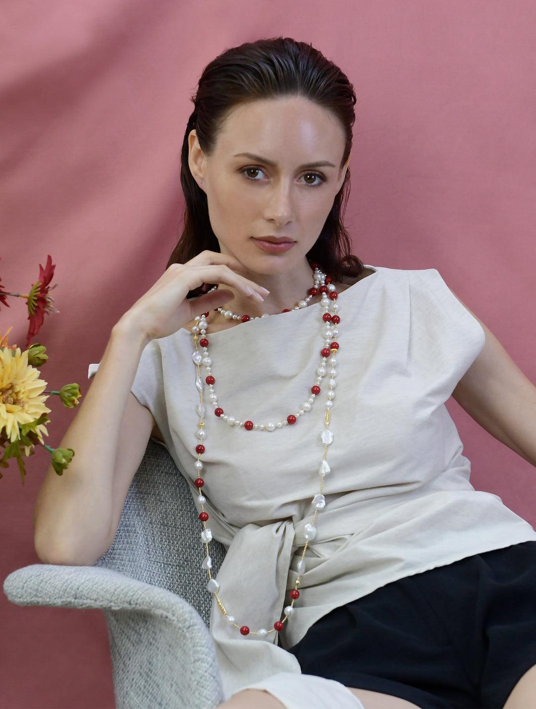 Freshwater Pearls With Red Corals Multi-way Necklace CN008 - FARRA