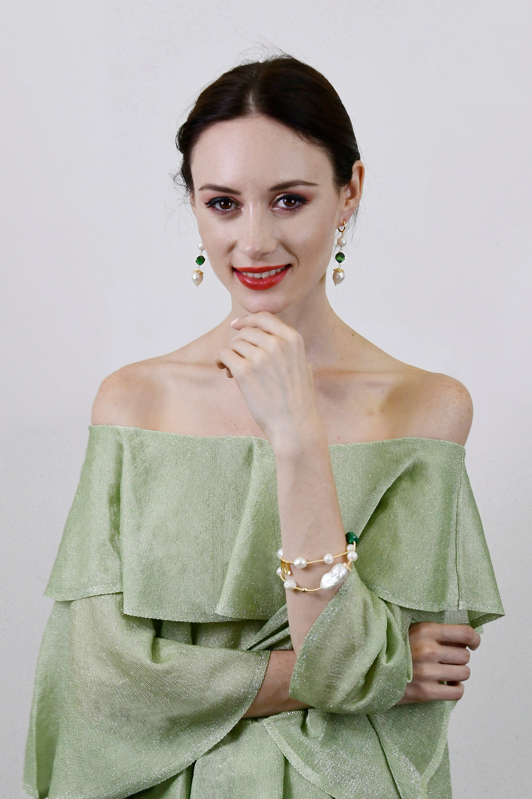 Baroque Pearls With Malachite Double Wrapped Bracelet AB014 - FARRA