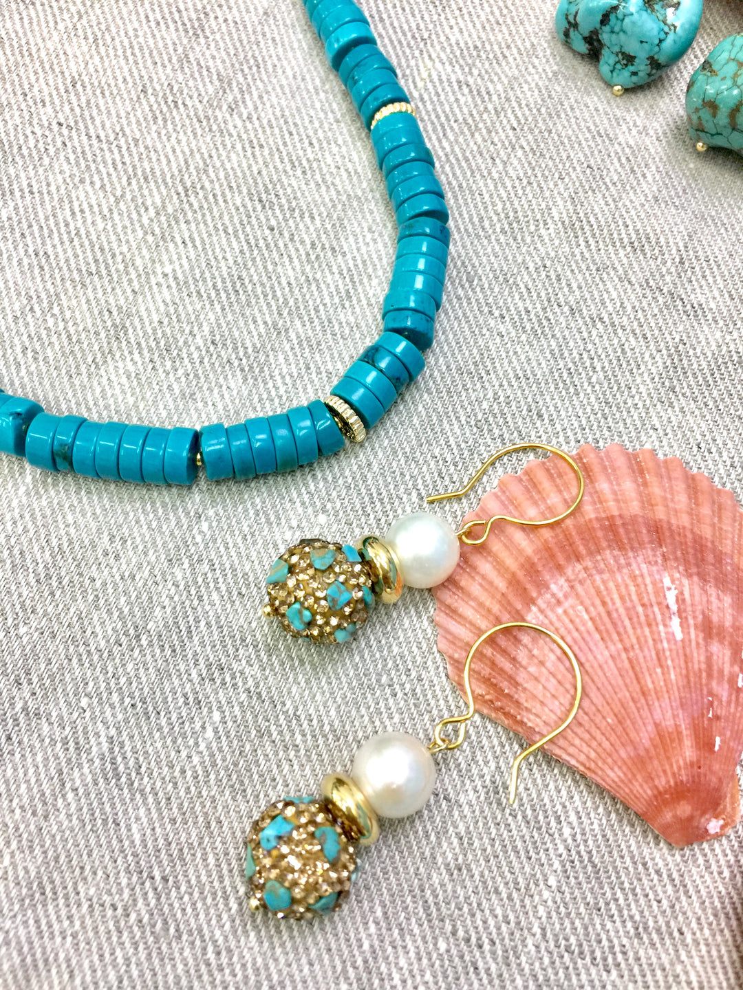 Freshwater Pearl With Rhinestone Turquoise Hook Earrings CE020 - FARRA