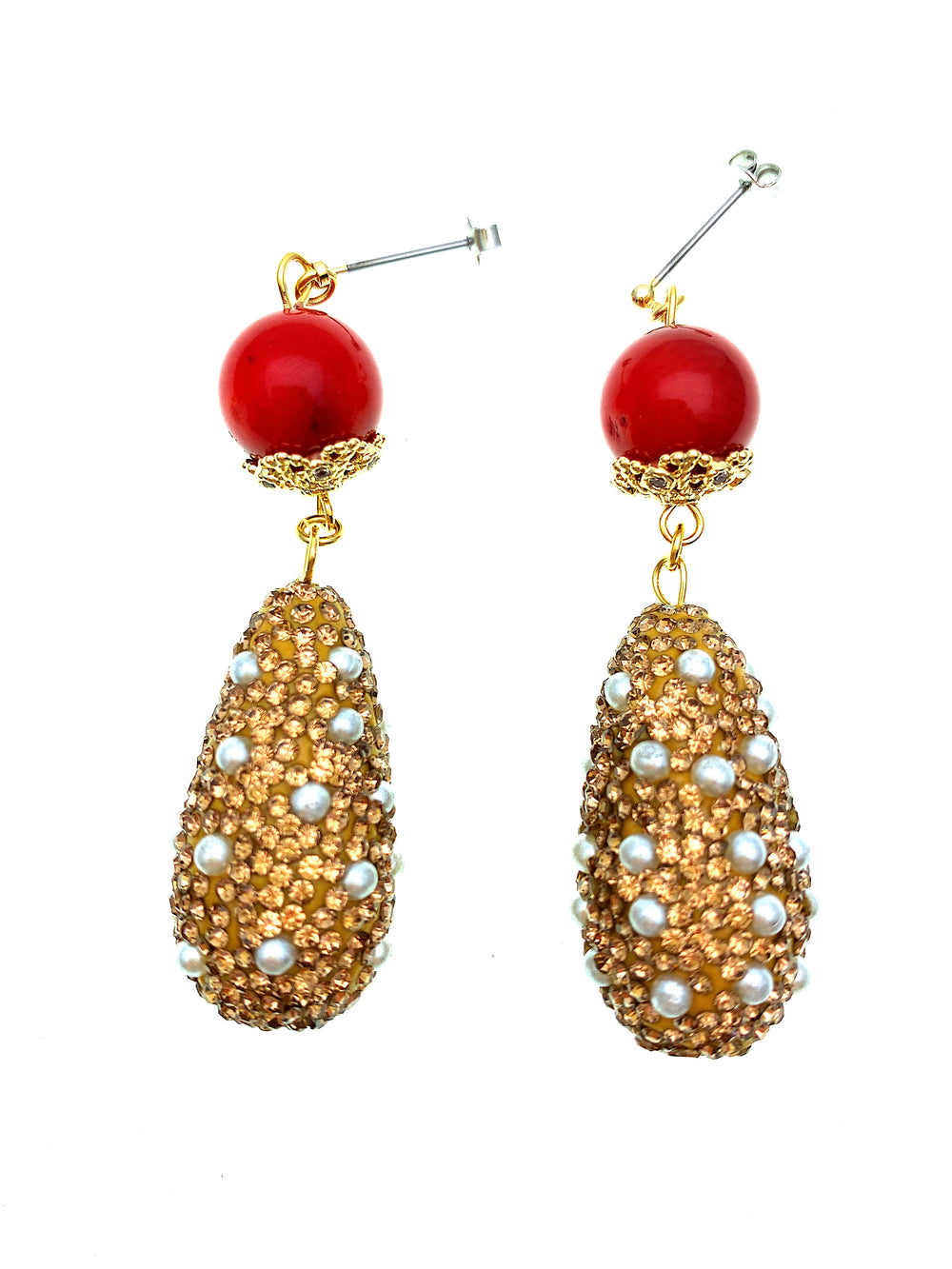 Red Coral With Teardrop Rhinestones Bordered Pearls Earrings FE007 - FARRA