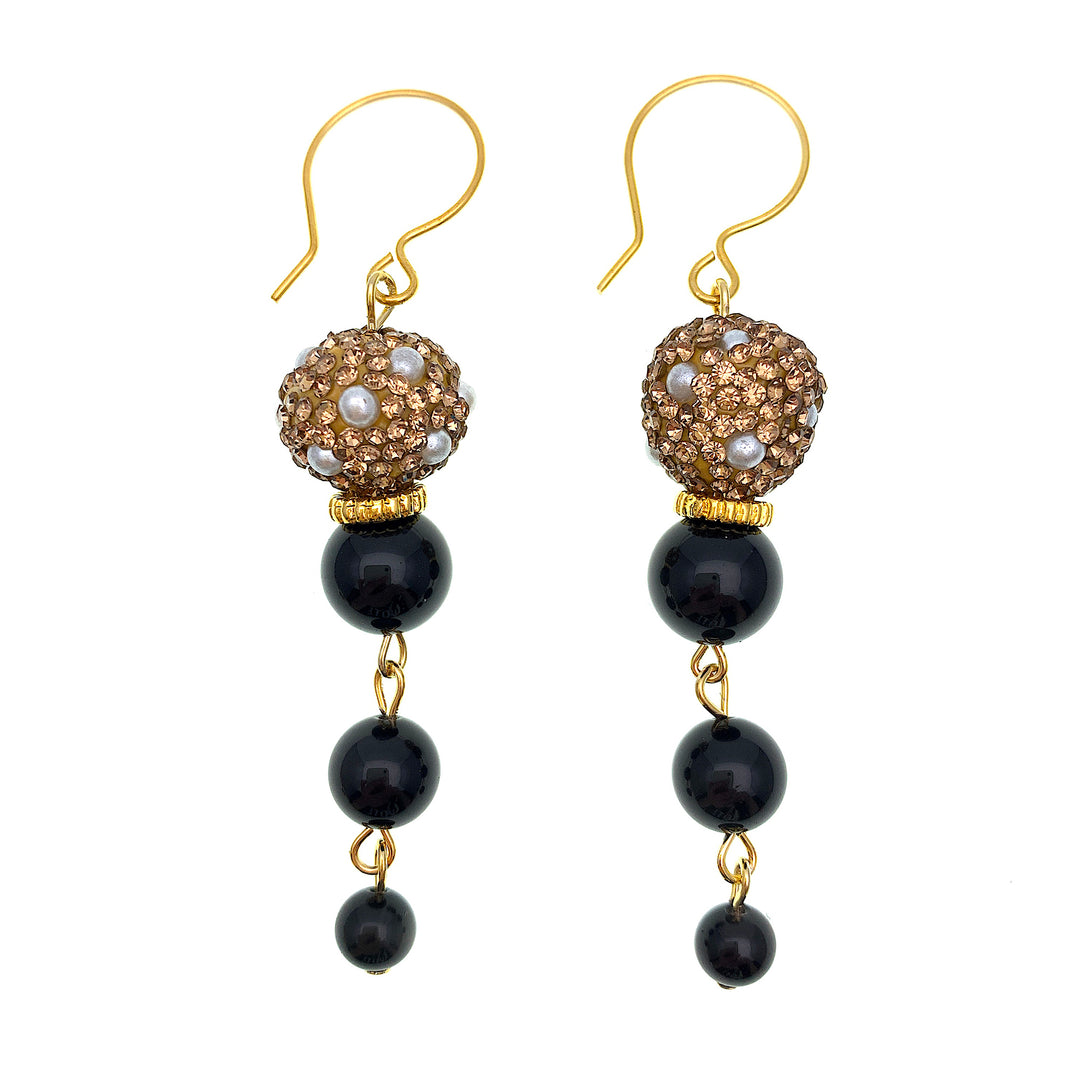 Black Obsidian With Rhinestones Dangle Earrings FE023 - FARRA