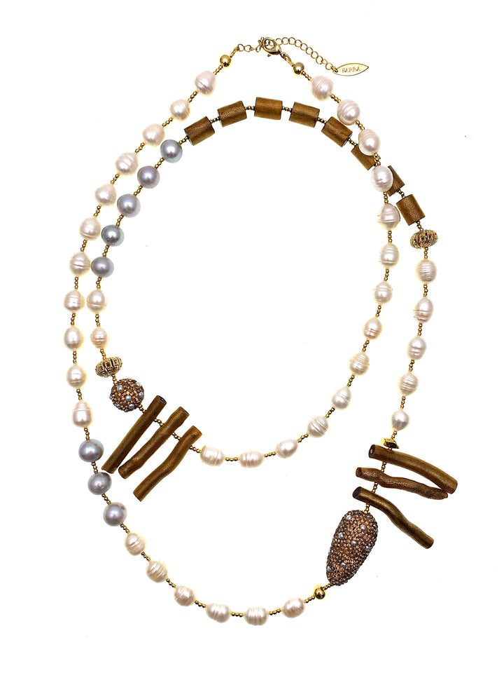 Freshwater Pearls With Golden Corals Two-Ways Necklace FN003 - FARRA