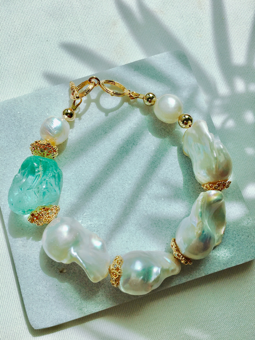 Baroque freshwater pearls with green fluorite bracelet NPB005 - FARRA