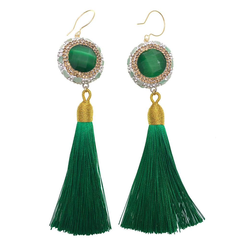 Green Cat's Eye Tassel Hook Earrings GE012 - FARRA