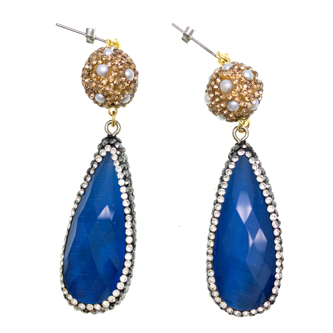 Wholesale Tear Drop Lapis With Rhinestones Bordered Pearls Earrings GE017 - FARRA