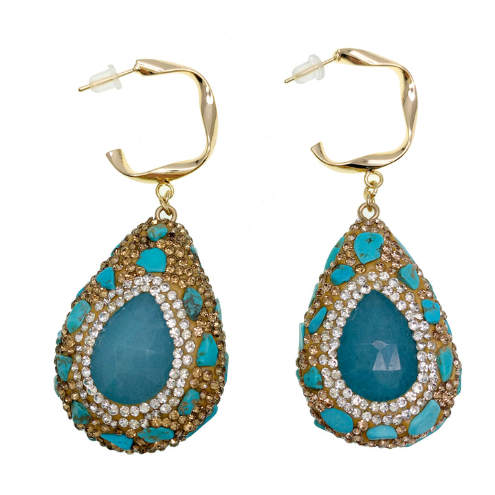 Rhinestones Bordered Amazonite With Opal Hook Earrings GE022 - FARRA