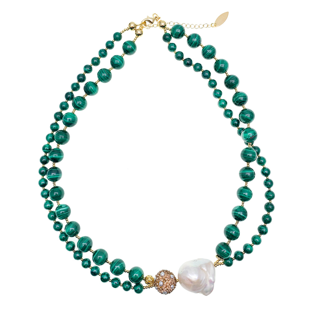 Baroque Pearl With Malachite Double Strands Statement Necklace GN015 - FARRA
