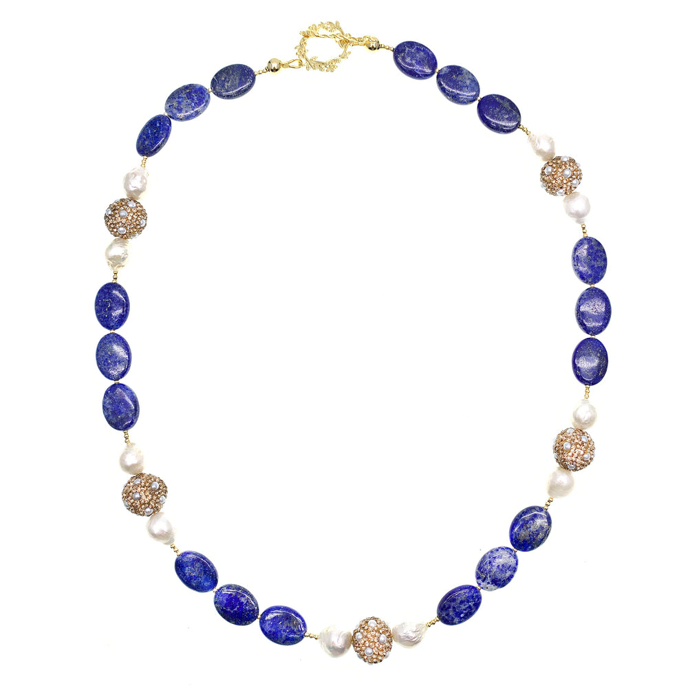 Lapis With Freshwater Pearl With Rhinestone Necklace GN017 - FARRA