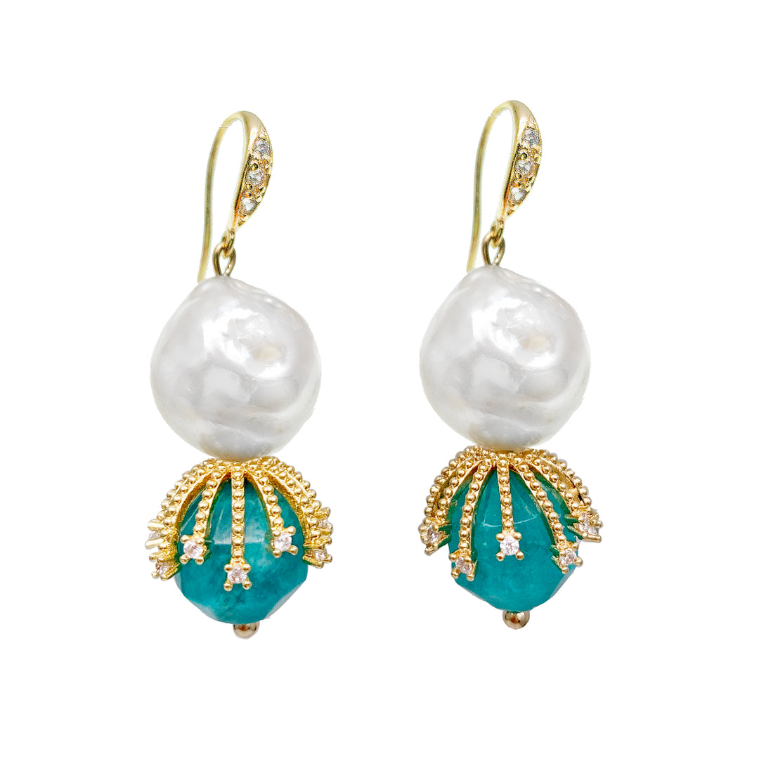 Freshwater Pearls With Aqua Jade Dangle Earrings HE008 - FARRA