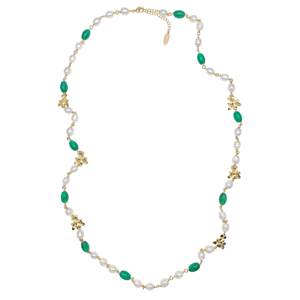 Freshwater Pearls With Green Agate Long Necklace HN006 - FARRA