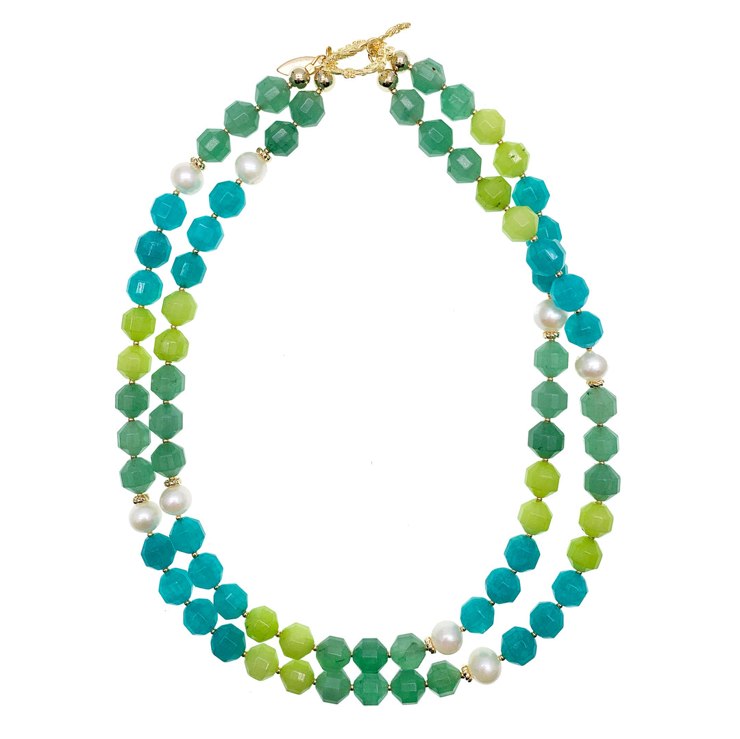 Green & Blue Color Mixed With Pearls Double Layers Necklace HN015 - FARRA