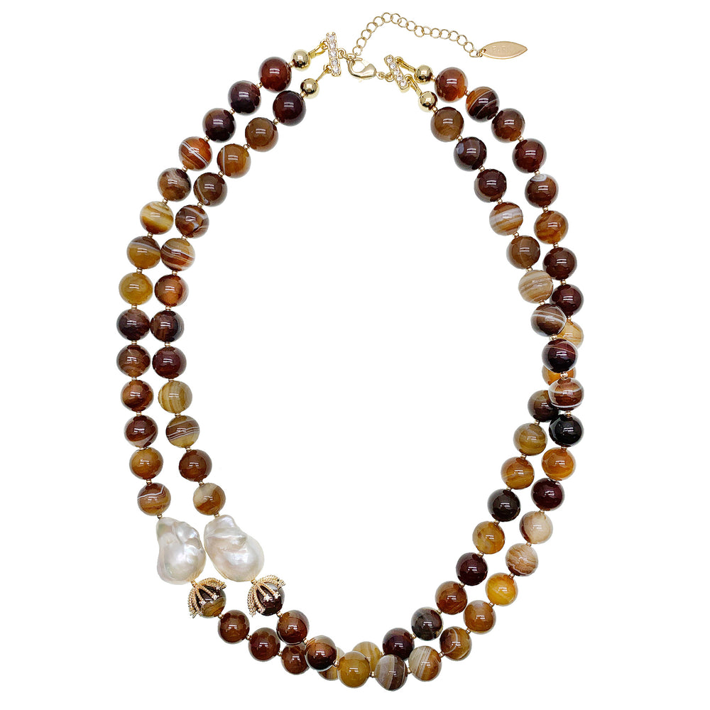Brown Agate With Baroque Pearls Double Layers Necklace HN017 - FARRA