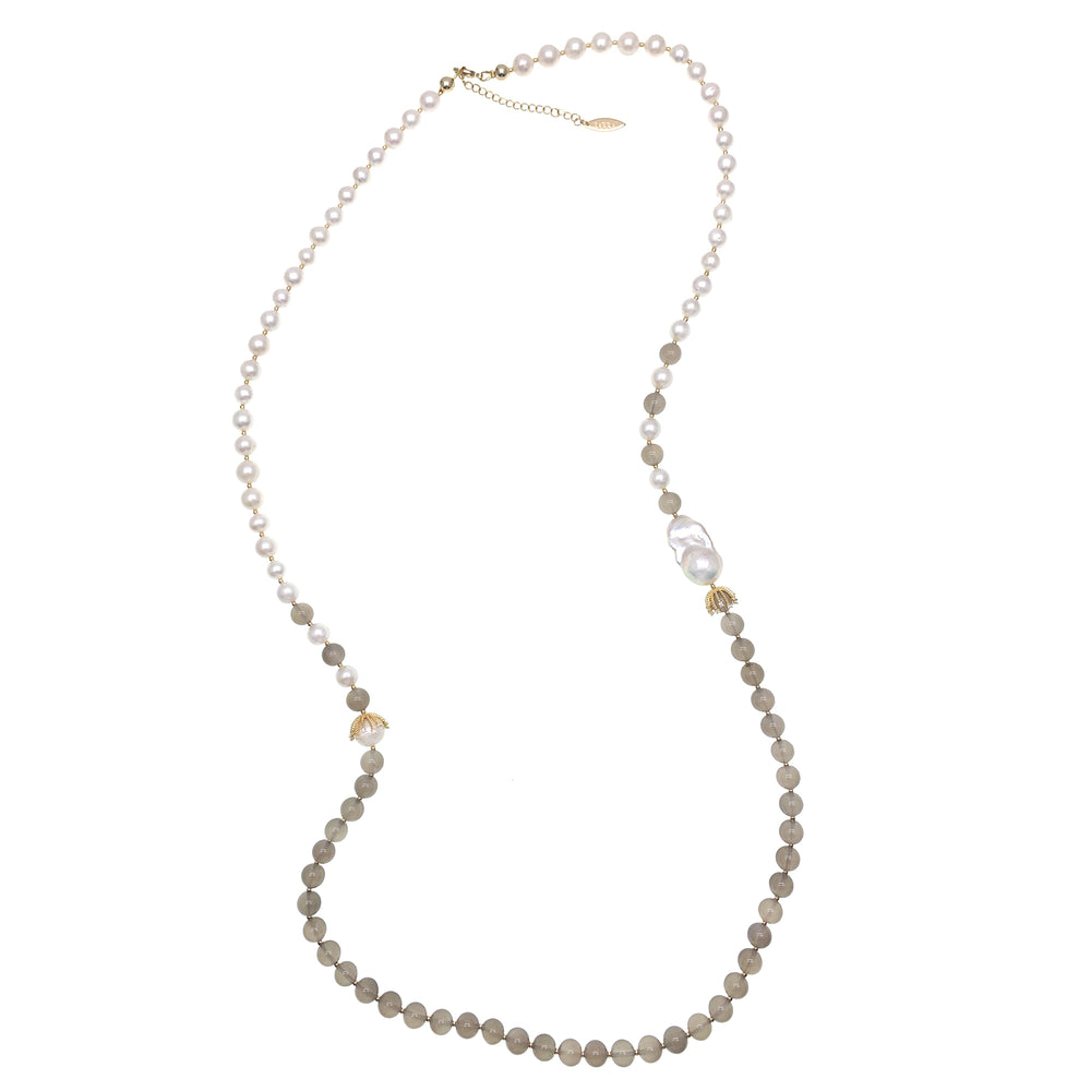 Freshwater Pearls And Gray Agate With Baroque Pearls Long Necklace HN025 - FARRA