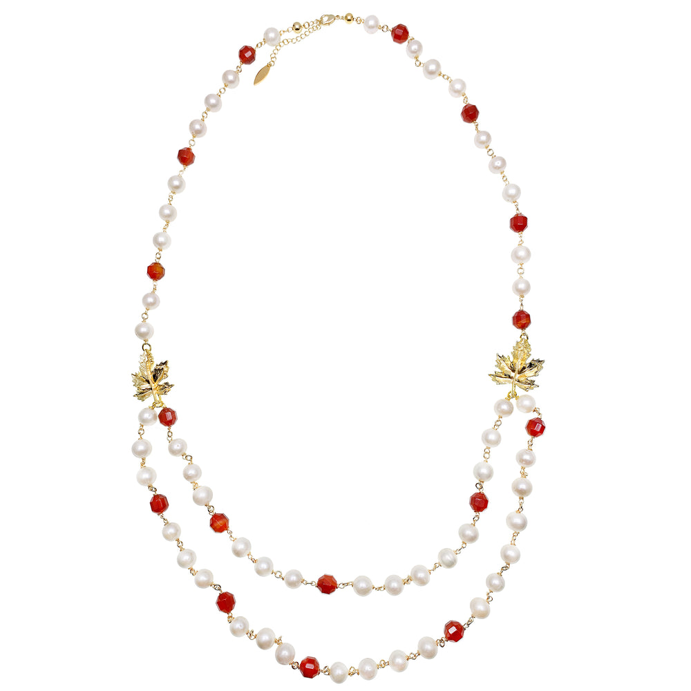 Freshwater Pearl With Red Agate And Maple Leaves Charm Long Chain Necklace HN031 - FARRA