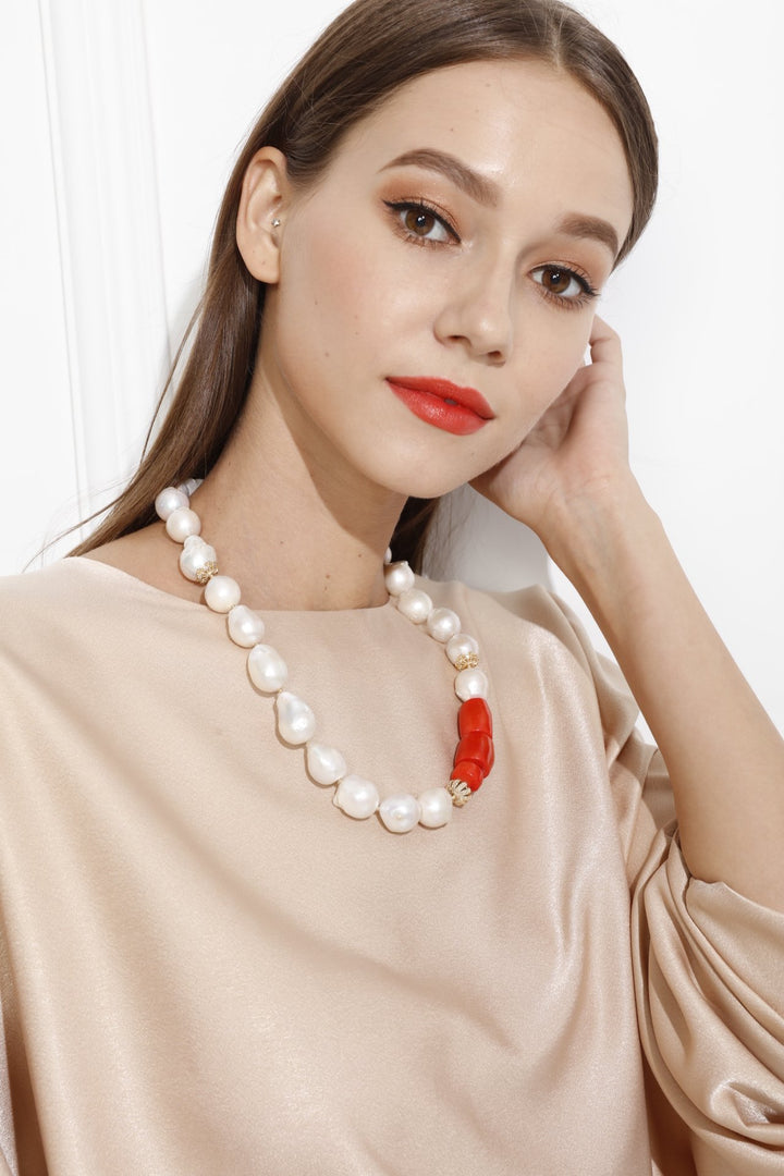 Baroque Freshwater Pearls With Coral Necklace MN031 - FARRA