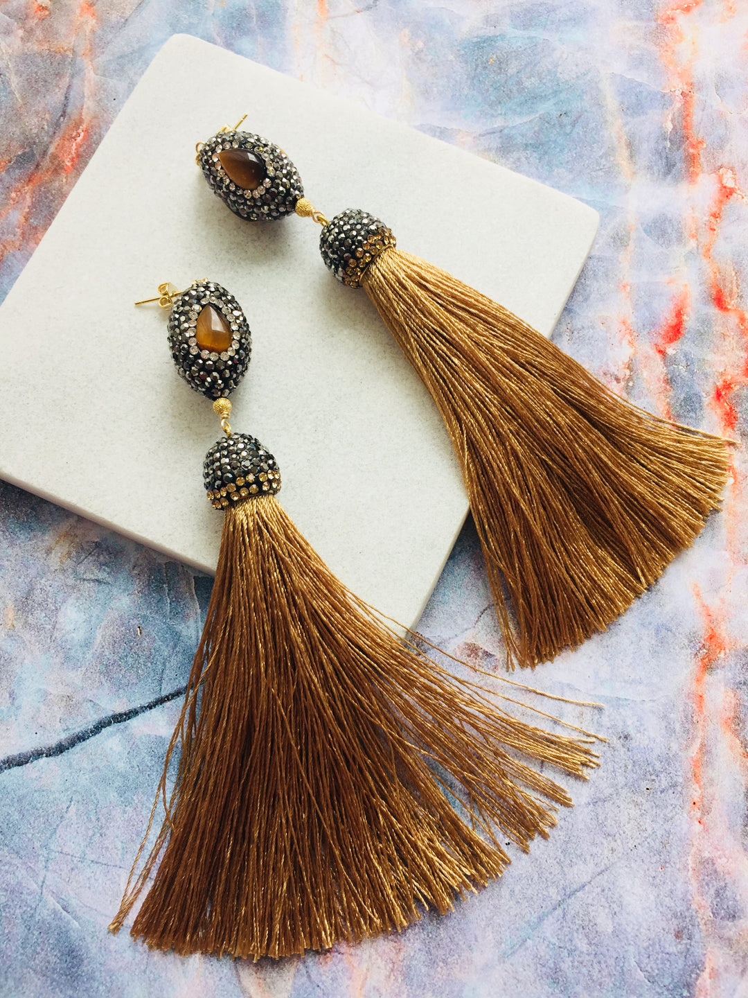 Wholesale Rhinestone with yellow brown tiger-eye stones tassel earrings RPE008 - FARRA