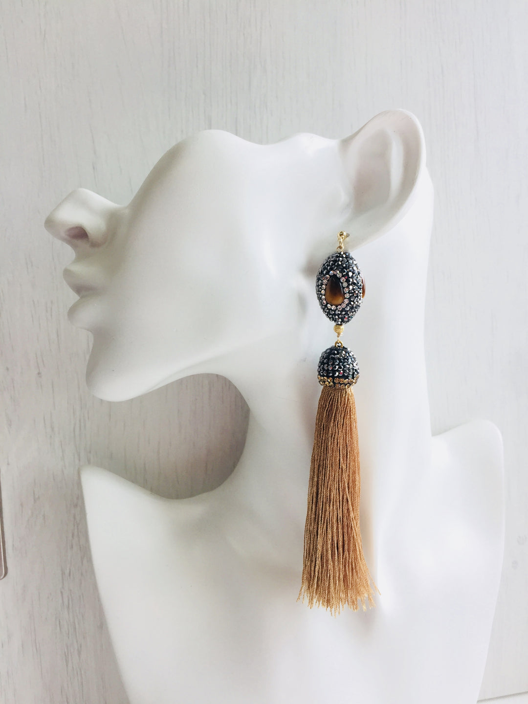 Wholesale Rhinestone with yellow brown tiger-eye stones tassel earrings RPE008 - FARRA