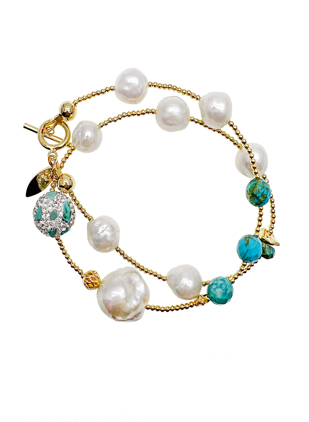 Freshwater Pearls With Turquoise Stones Double Wrapped Bracelet - FARRA