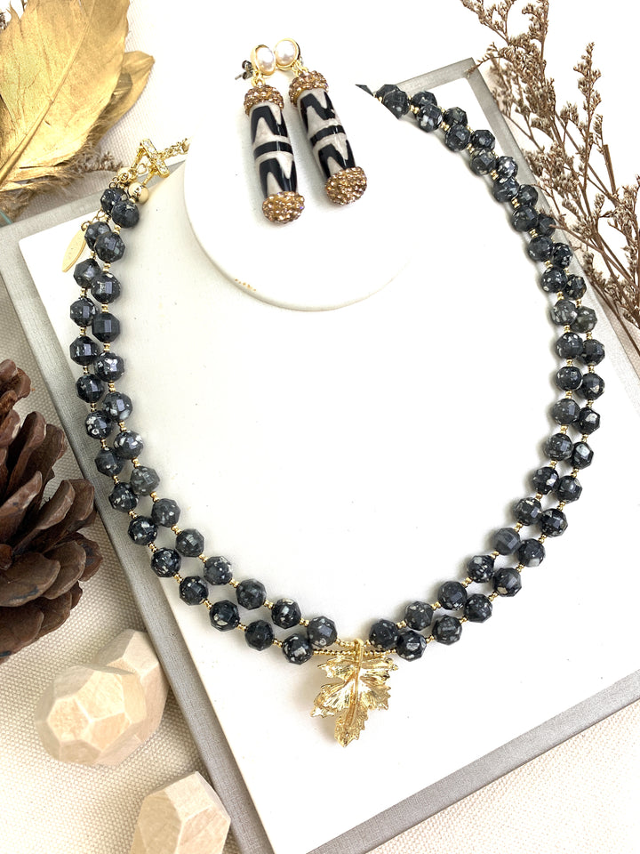 Black Snowflake Obsidian With Maple Leaf Double Layers Necklace HN037 - FARRA