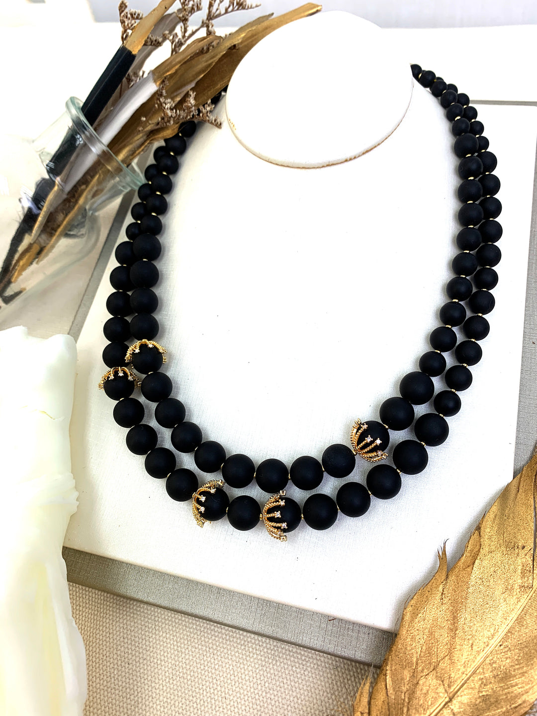 Matte Black Agate Double Layers Necklace HN038 - FARRA