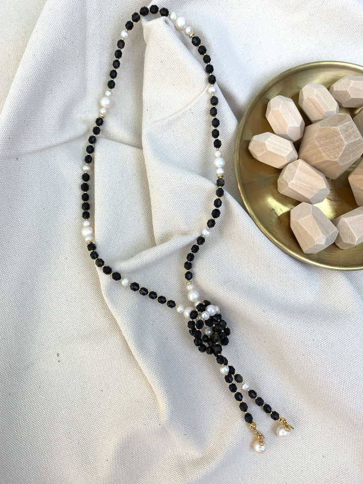 Black Obsidian And White Pearls Multiway Necklace HN040 - FARRA