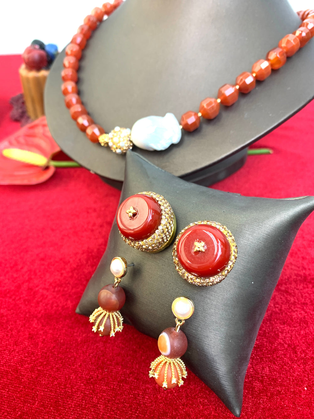 Matte Red Agate Dangle Stud Earrings HE021 - FARRA
