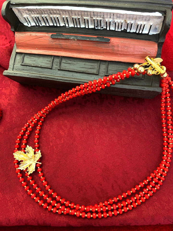 Red Coral With Maple Pendant Multi-layers Necklace HN032 - FARRA