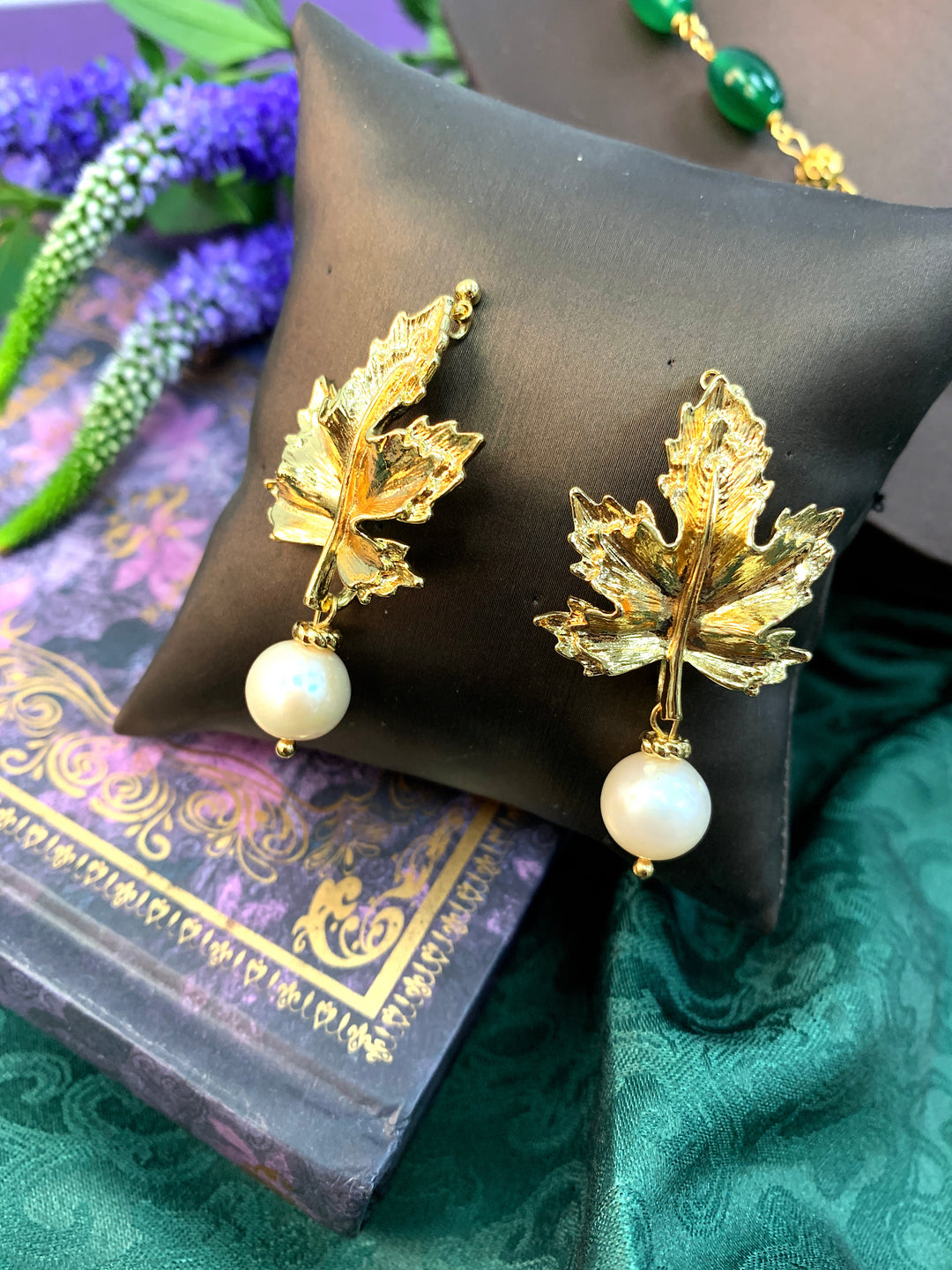 Gold Maple Leaves With Pearl Dangle Stud Earrings HE007 - FARRA