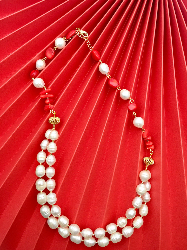 Freshwater Pearls With Corals Double Strands Necklace CN010 - FARRA