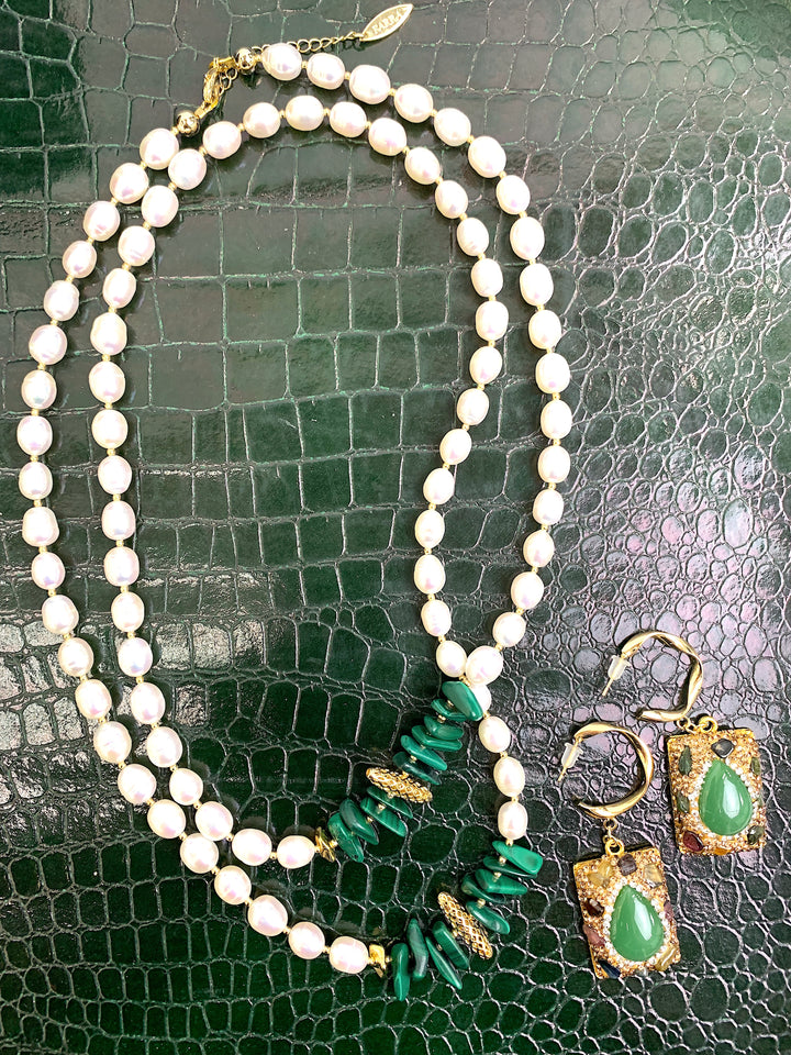 Freshwater Pearls With Malachite Sticks Multi-Way Necklace HN030 - FARRA
