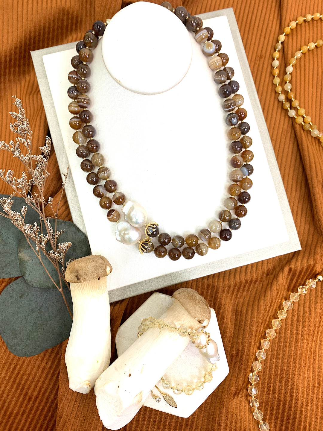 Brown Agate With Baroque Pearls Double Layers Necklace HN017 - FARRA