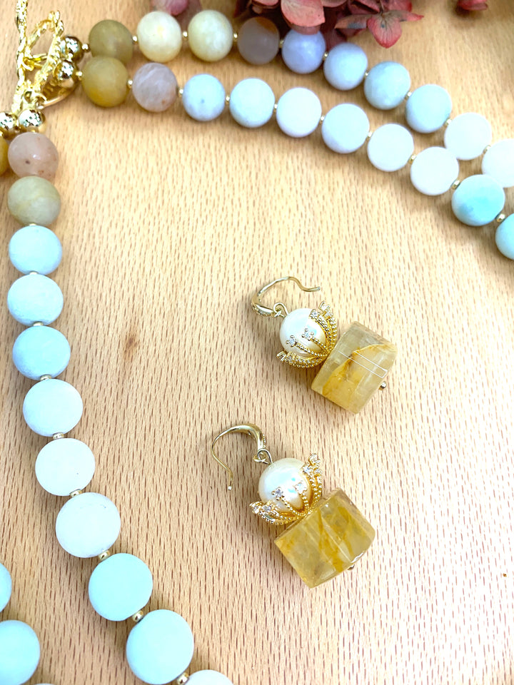 Cylinder Shaped Citrine With Freshwater Pearl Dangle Earrings HE013 - FARRA