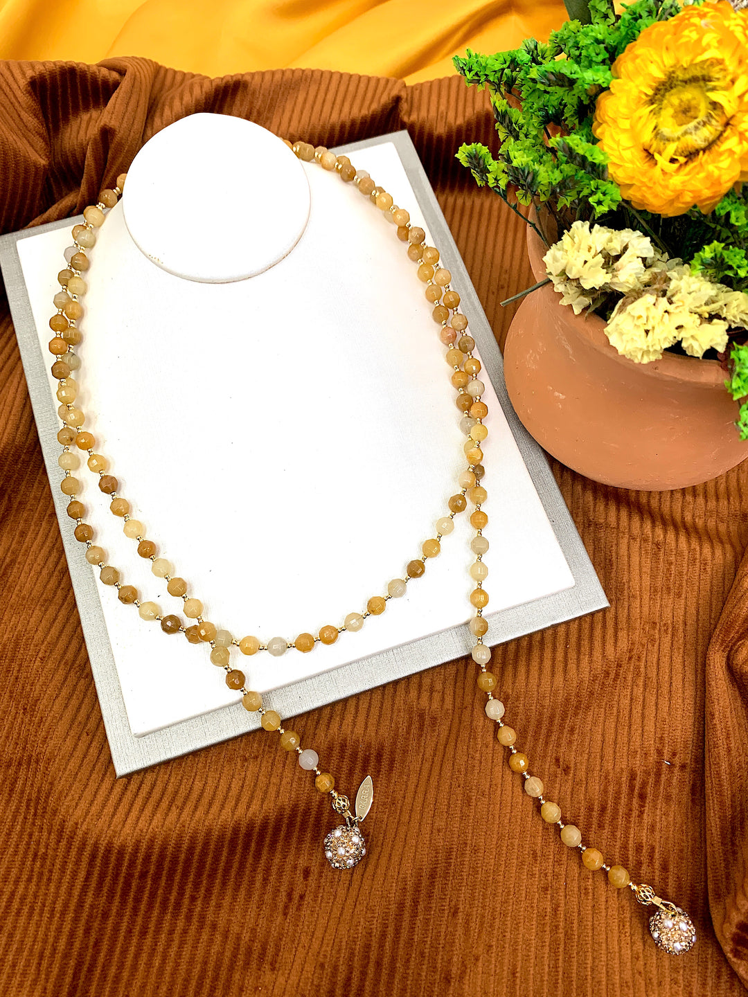 Yellow Jade With Rhinestones Open Ended Necklace HN019 - FARRA