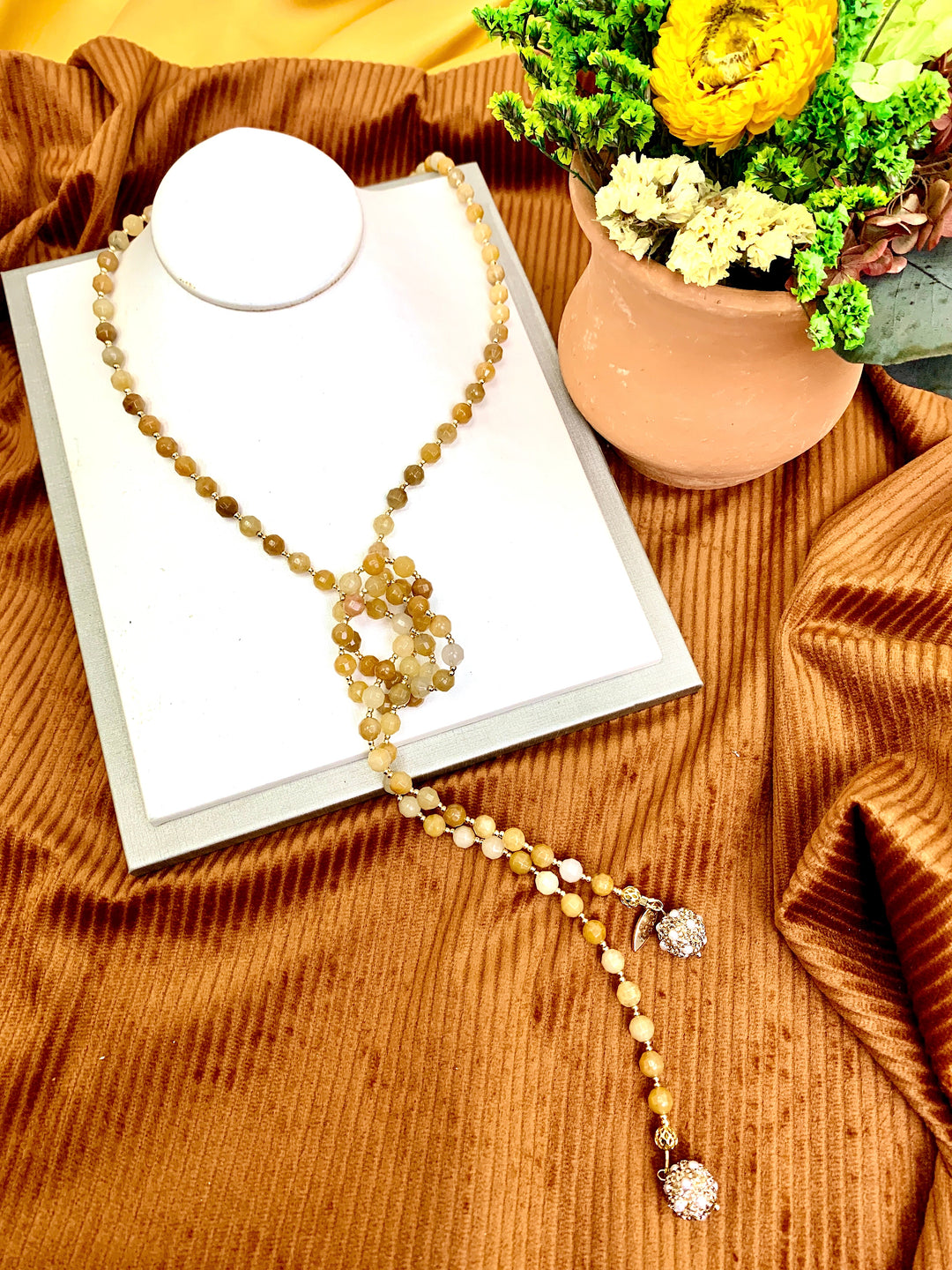 Yellow Jade With Rhinestones Open Ended Necklace HN019 - FARRA