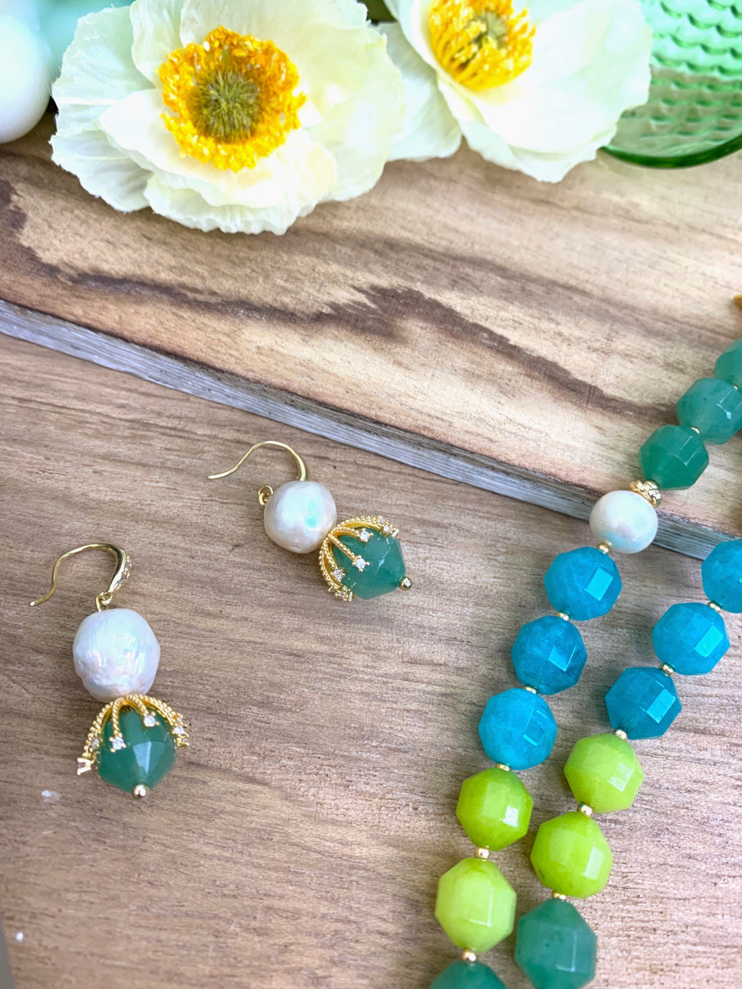 Irregular Pearls With Green Aventurine Dangle Earrings HE010 - FARRA